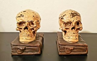 Antique Medical Human Skull Bookends Armor Bronze Set Hard To Find Circa 1922