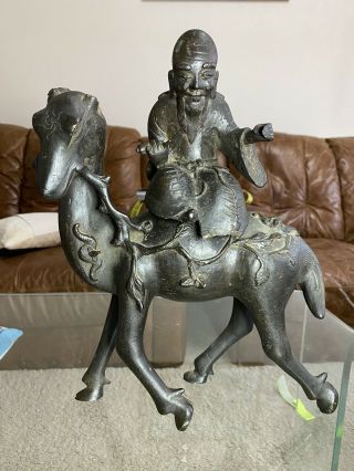 A Large Ming Dynasty Chinese Carved Bronze Deer And Old Man
