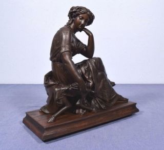 French Antique Greek Revival Sculpture Bronzed Spelter of a Seated Woman 6