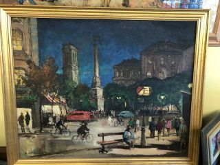 Antique Signed French Oil Painting Paris Street Scene Bicycles Cars France 1930s