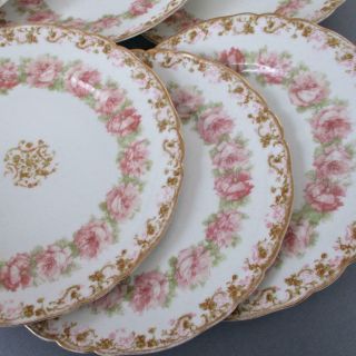 6 Antique Haviland Porcelain 10 " Plates Drop Pink Roses Gilt Trim Schleiger 55i
