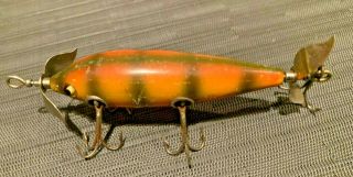 Early Shakespeare 5 Hook Submerged Minnow,  Vintage Antique Wood Lure Glass Eyes 3