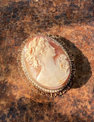 Vintage Antique 14k Gold Large Shell Cameo Brooch Pin Pearl Scroll Frame