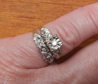 Estate Vintage 14k White Gold Diamond Engagement & Wedding Ring Set Size 6
