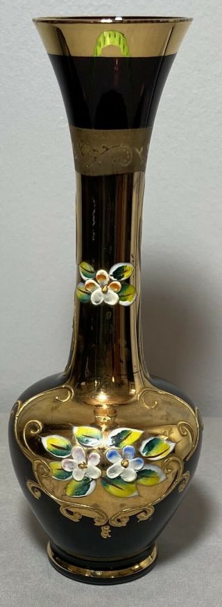 Vintage Lefton Hand Blown Glass Bud Vase Purple Plum Gold Floral Accents