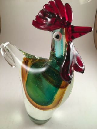 VTG Murano Italy Color Art Glass Hand Made Rooster Figurine Red Blue Gold 10” 3