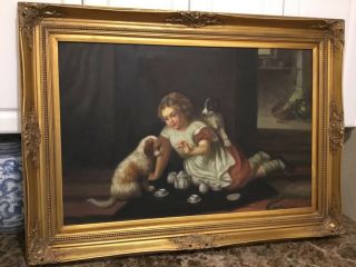 Vintage Large Oil Painting Girl Child With Dogs 44” X 32” W/ Gold Wooden Frame