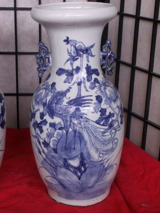 Pair Antique Chinese Blue & White Vases 19th Century Late Qing Dynasty 17 " Tall