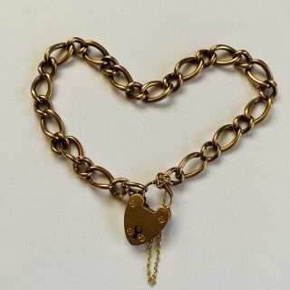 Antique 1880 Victorian 9ct Gold Curb Link Bracelet 7.  81g Heart Padlock