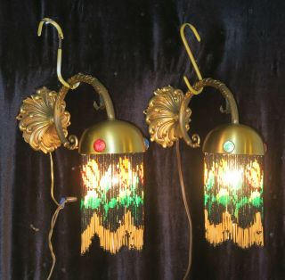 Jeweled Pair Antique Bronze Vintage Wall Sconces Glass Beaded Fringe Italy Brass