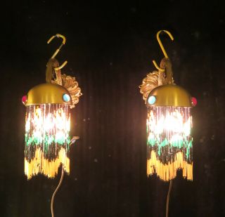 Jeweled Pair Antique Bronze Vintage wall Sconces glass Beaded Fringe Italy Brass 2