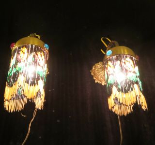 Jeweled Pair Antique Bronze Vintage wall Sconces glass Beaded Fringe Italy Brass 3