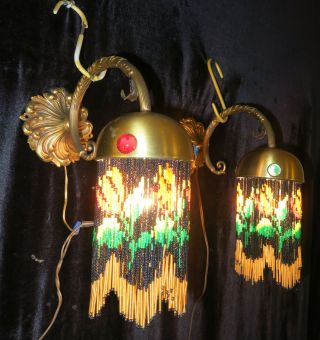 Jeweled Pair Antique Bronze Vintage wall Sconces glass Beaded Fringe Italy Brass 4