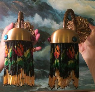 Jeweled Pair Antique Bronze Vintage wall Sconces glass Beaded Fringe Italy Brass 5