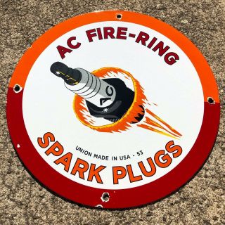 Vintage Porcelain Ac Fire Ring Spark Plugs Gas Oil Gasoline Pump Plate Sign