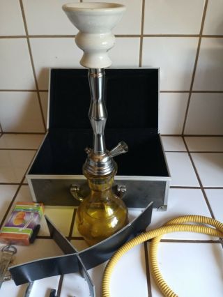 Artisan Yellow Colored Blown Glass Hookah Water Pipe W/ Case Opened 12” Bong