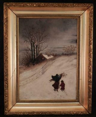 Antique C1880 American Folk Art Oil Painting Mother & Child Winter Snow Scene