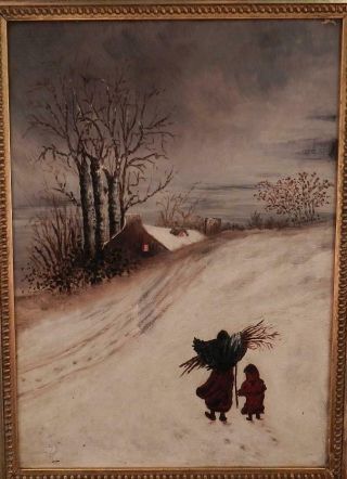 Antique c1880 American Folk Art Oil Painting Mother & Child Winter Snow Scene 3