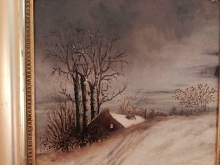 Antique c1880 American Folk Art Oil Painting Mother & Child Winter Snow Scene 4
