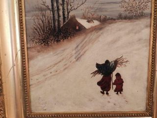 Antique c1880 American Folk Art Oil Painting Mother & Child Winter Snow Scene 5