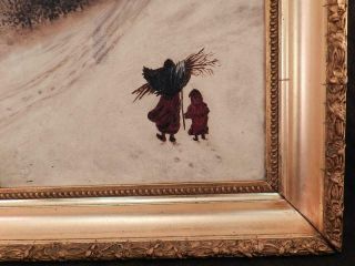 Antique c1880 American Folk Art Oil Painting Mother & Child Winter Snow Scene 6