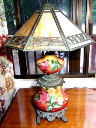 Antique Arts And Crafts Slag Glass Metal Overlay 8 Panel Hand Painted Table Lamp