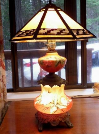 Antique Arts and Crafts Slag Glass Metal Overlay 8 Panel Hand Painted Table Lamp 2