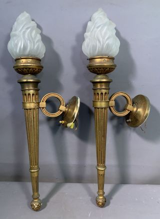 Lg Pair (2) Antique French Brass Old Flaming Glass Torch Style Wall Sconces