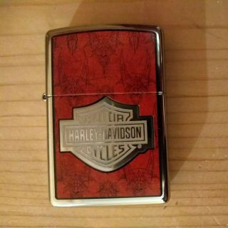 Zippo Lighter Harley Davidson Red/chrome Bar And Shield