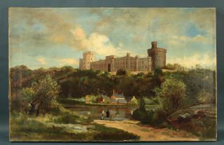 Antique 1890 Victorian British Oil Painting Of Windsor Castle Signed Illegibly