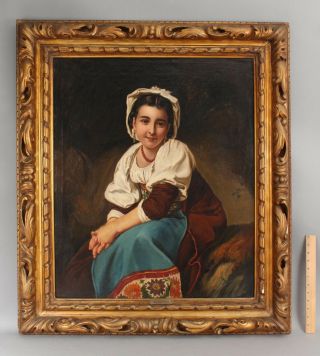 Large 19thc Antique Italian Portrait Oil Painting,  Young Peasant Woman Nr