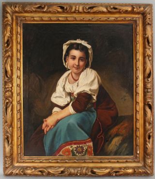 Large 19thC Antique Italian Portrait Oil Painting,  Young Peasant Woman NR 2