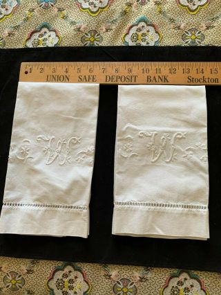 Vintage White Monogrammed " W " Damask 2 Tea Towels,  6 1/2 " By 11 "