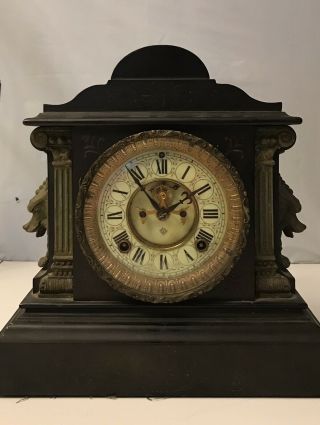 1882 Antique Cast Iron " Ansonia " Mantle Clock / Key /as Is