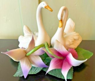 Vintage Capodimonte Porcelain Flowers & Swans Made In Italy Crown N