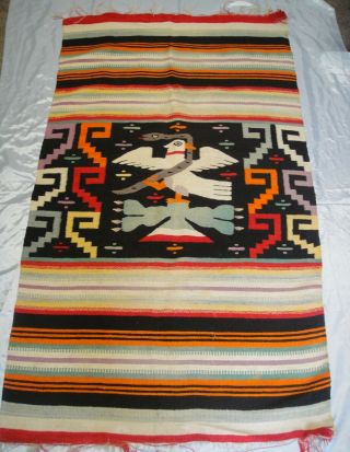 Vintage Mexican Woven Wool Rug / Throw / Blanket Snake Eagle & Cactus - 33 " X 57 "
