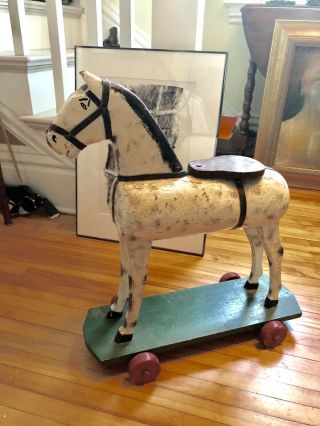 Vintage Hand Carved Folk Art Horse On Wheels Paint