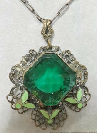 Vintage Art Deco Filigree Enamel Green Faceted Glass Flapper Costume Necklace