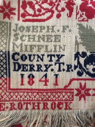 Woven Antique Jacquard Pennsylvania Wool & Cotton Coverlet 3