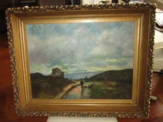 Antique Oil Painting English School - Rural Landscape With A Flock Of Sheep