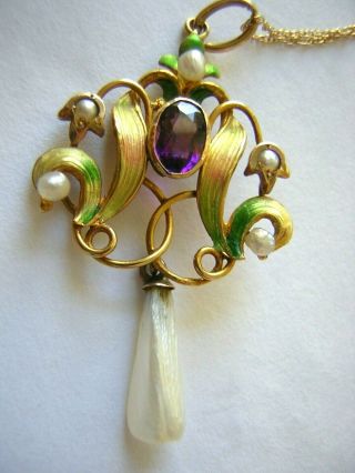 Antique Art Nouveau 10k Gold Amethyst & Pearl Enamel Pendant Necklace