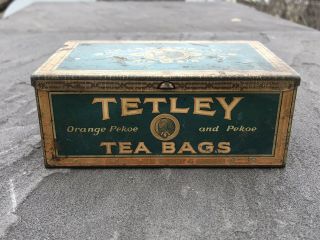 Vintage Tetley Tea Bags Orange Pekoe Hinged Lid Tin 36 Bags,  Great Shape