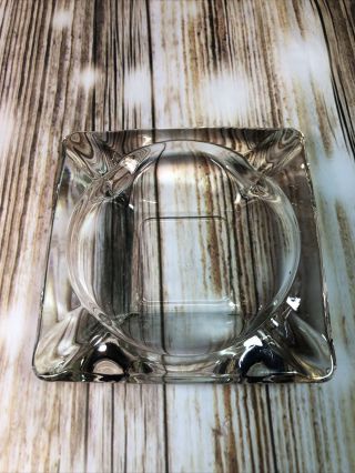 Vtg Mid Century Modern Heavy Crystal Clear Glass 6” Square Ashtray 4 Cigar Rests