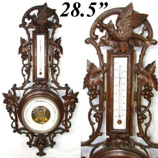 Fab Antique Black Forest Carved 28.  5 " Wall Barometer,  Thermometer: Bird & Leaves
