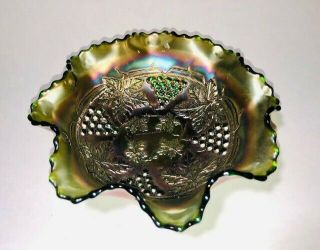 Vintage Northwood Grape And Cable Carnival Glass Bowl Green