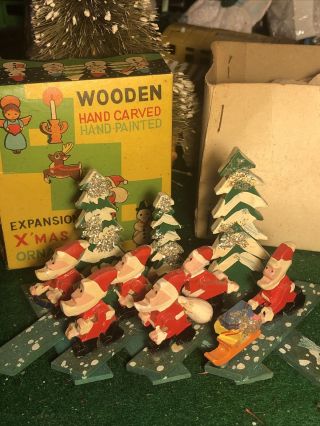 Vintage Wooden Hand Carved & Painted Expansion Xmas Orn Rare Santa’s & Trees
