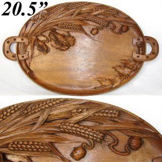 Antique Edwardian Black Forest Style Carved 20.  5 " Tray,  Floral,  Horseshoe Handle