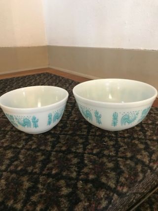 Set Of 2 Vintage Pyrex Turquoise Amish Butterprint Round Nesting Mixing Bowls