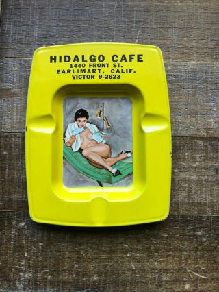 Vintage Hidalgo Cafe Tin Advertising Ashtray W/risque Woman Earlimart Calif 2