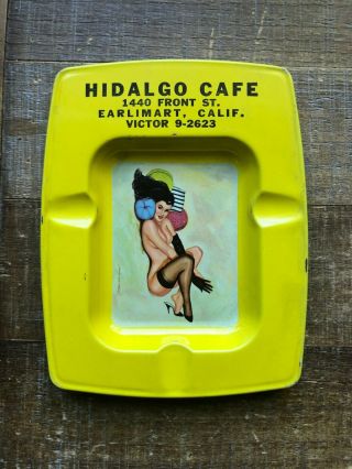 Vintage Hidalgo Cafe Tin Advertising Ashtray W/risque Woman Earlimart Calif 3